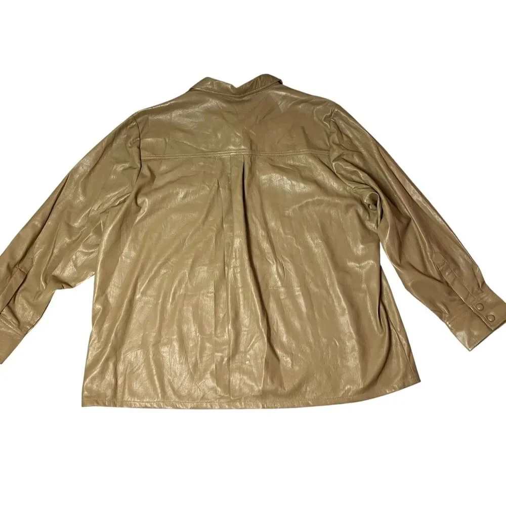 Good American Faux Leather Shirt Jacket Tan‎ Womens 7 Snap Front Overshirt